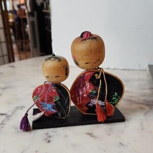 Vintage Handcrafted Wooden Kokeshi Dolls with Tassels